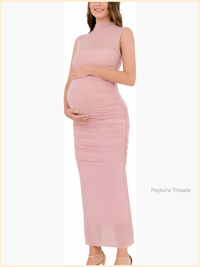 Mock Neck Ruched Maternity Midi Dress Sleeveless Bodycon Baby Shower
